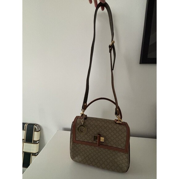 Celine Logo Macadam Pattern Hand Bag Leather Tan/Brown Crossbody Authentic Vtg - Picture 15 of 16